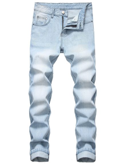 Mens Classic Light Blue Regular Fit Non-Stretch Cotton Blend Jeans - Zipper Fly, Mid Waist, Machine Washable, Weekend Casual Wear for All Seasons